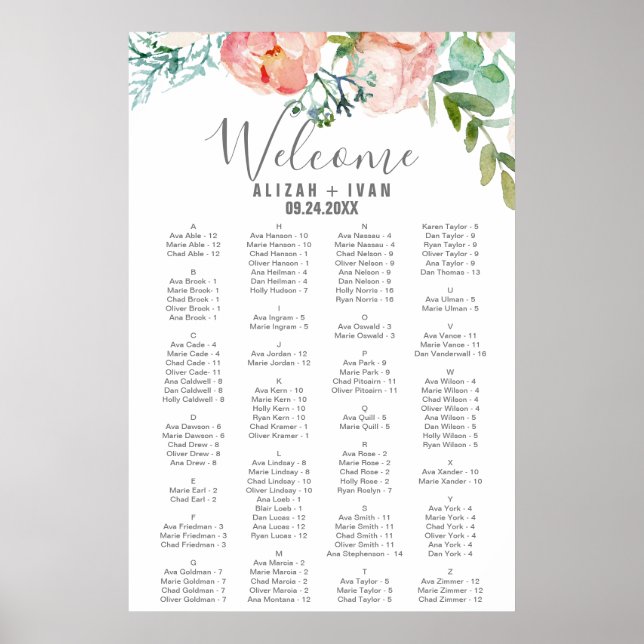 Romantic Peonies Alphabetical Seating Chart (Front)