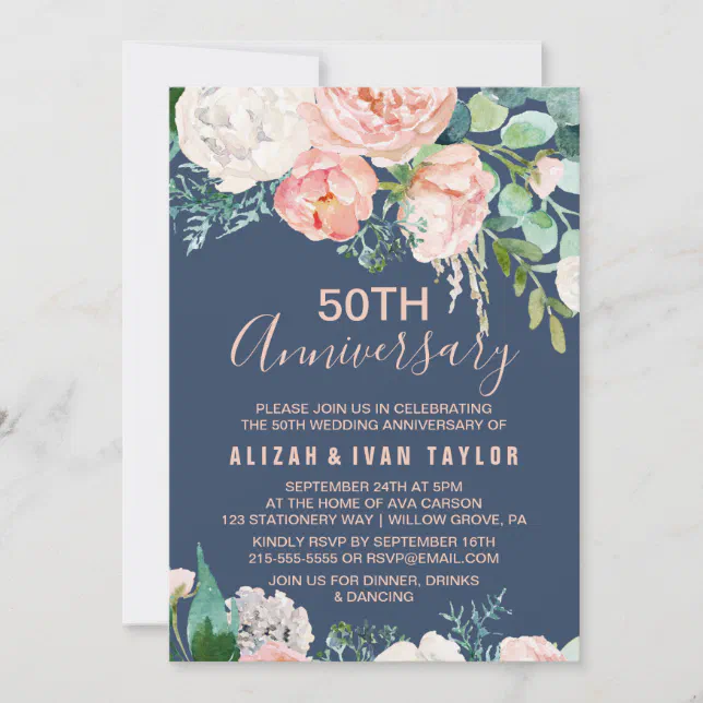 Romantic Peonies | Blue 50th Wedding Anniversary Invitation | Zazzle