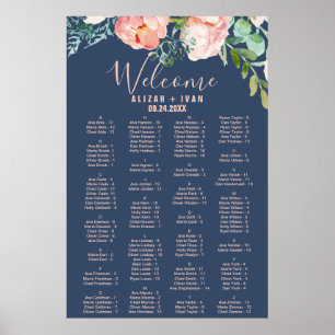 Romantic Peonies Blue Alphabetical Seating Chart