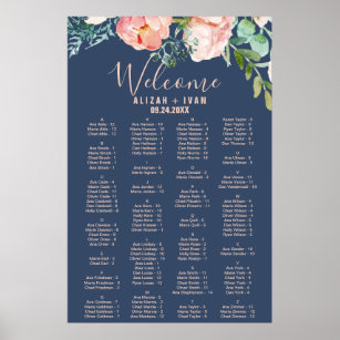 Romantic Peonies | Blue Alphabetical Seating Chart