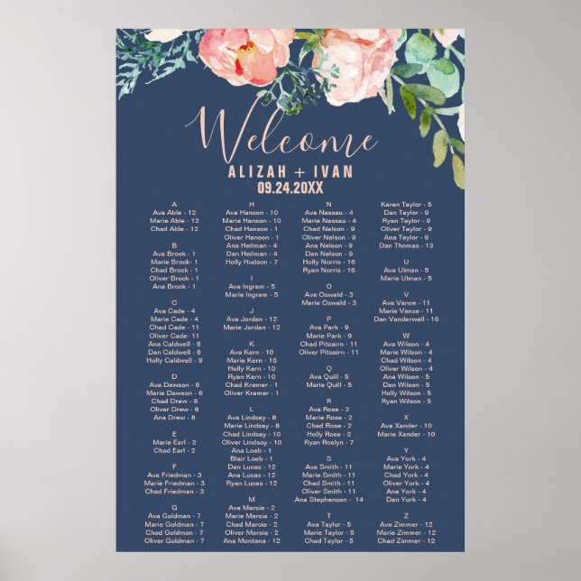 Romantic Peonies | Blue Alphabetical Seating Chart (Front)