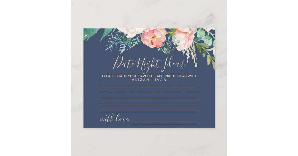 Romantic Peonies | Blue Date Night Idea Cards | Zazzle