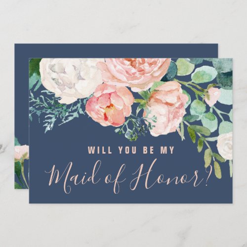 Romantic Peonies  Blue Maid Of Honor Proposal Invitation