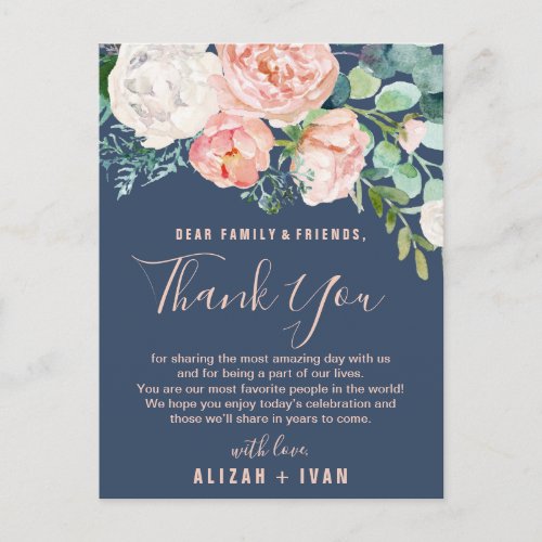 Romantic Peonies  Blue Thank You Reception Card
