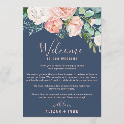 Romantic Peonies  Blue Welcome Letter  Itinerary Program