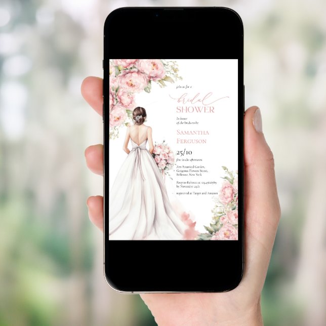 Romantic Peonies Blush Pink Bride Dress  Invitation (Front Digital)