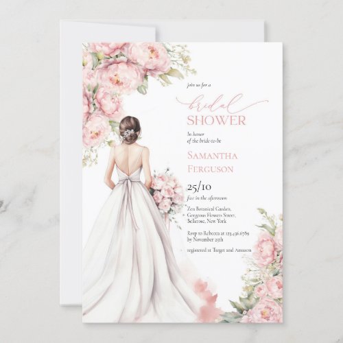 Romantic Peonies Blush Pink Bride Dress  Invitation