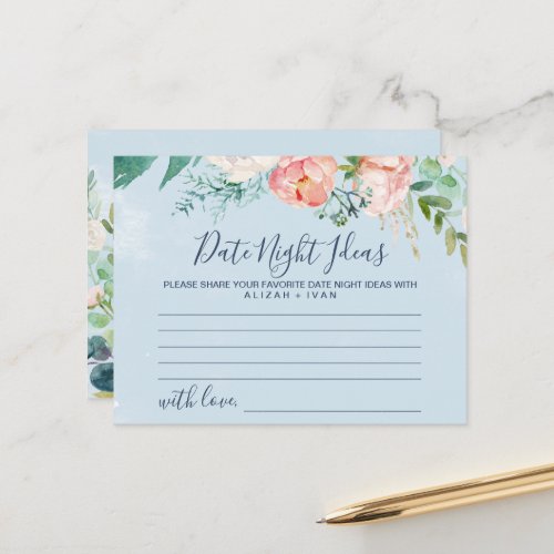 Romantic Peonies Light Blue Date Night Idea Cards