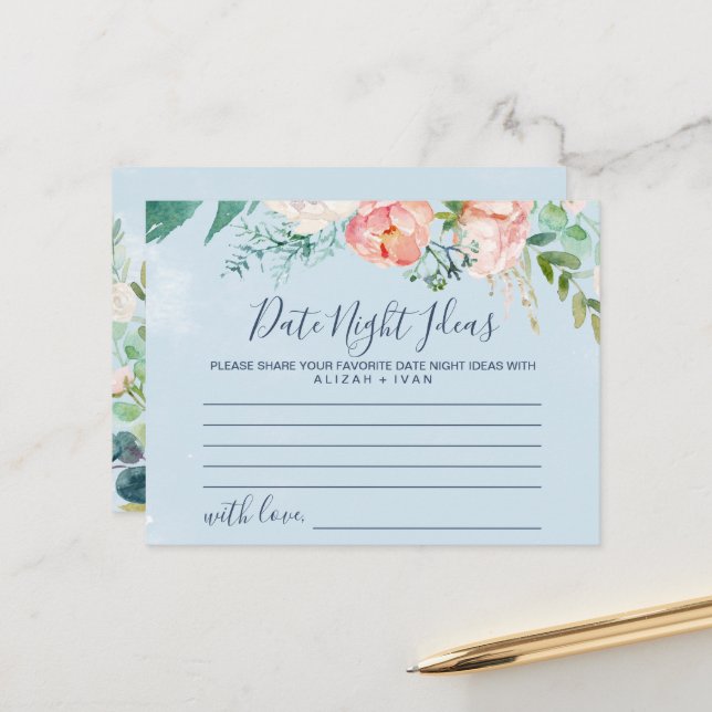 Romantic Peonies Light Blue Date Night Idea Cards (Front/Back In Situ)