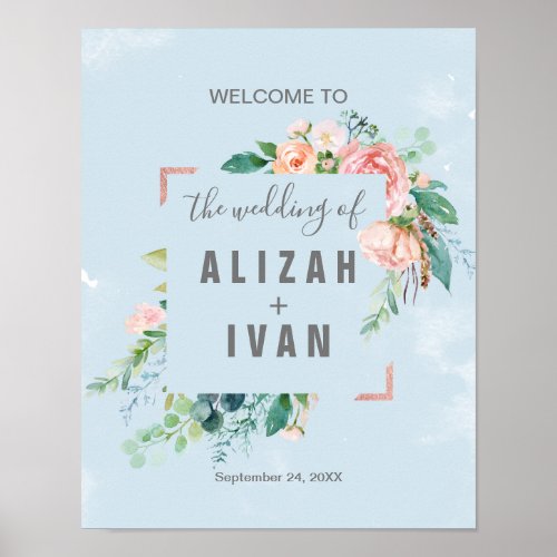 Romantic Peonies  Light Blue Welcome Wedding Poster