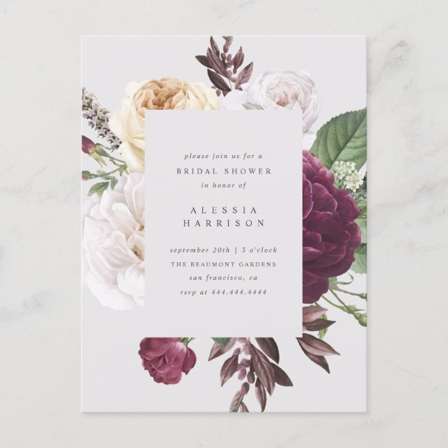 Romantic Peonies & Roses Bouquet Bridal Shower Invitation Postcard (Front)