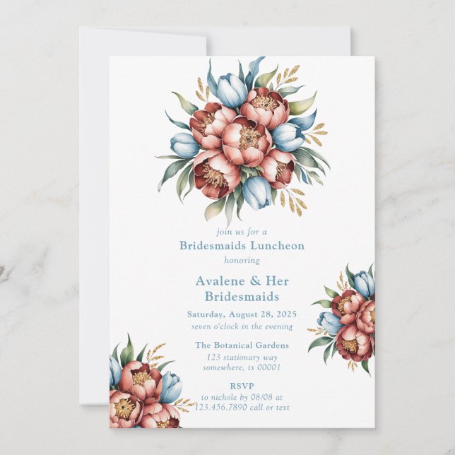 Romantic Peonies & Tulips Bridesmaids Luncheon Invitation (Front)