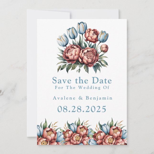 Romantic Peonies & Tulips Save The Date Cards (Front)