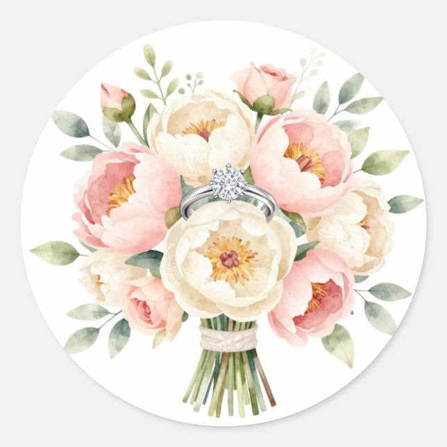 Romantic Peony Bouquet with Diamond Ring Classic Round Sticker (Front)