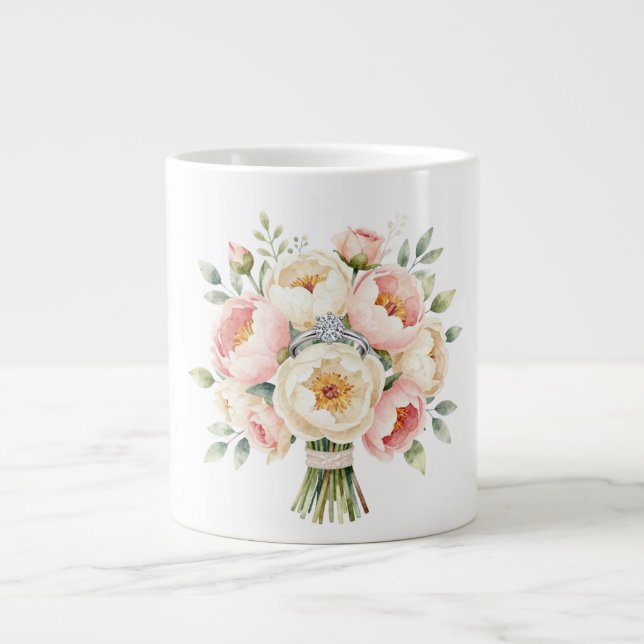 Romantic Peony Bouquet with Diamond Ring Giant Coffee Mug (Front)