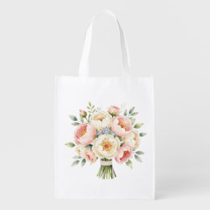 Romantic Peony Bouquet with Diamond Ring Grocery Bag