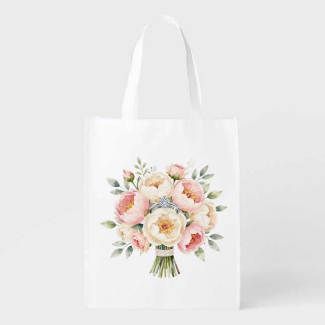 Romantic Peony Bouquet with Diamond Ring Grocery Bag (Front)