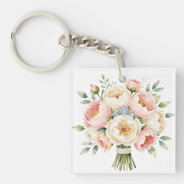 Romantic Peony Bouquet with Diamond Ring Keychain (Front)