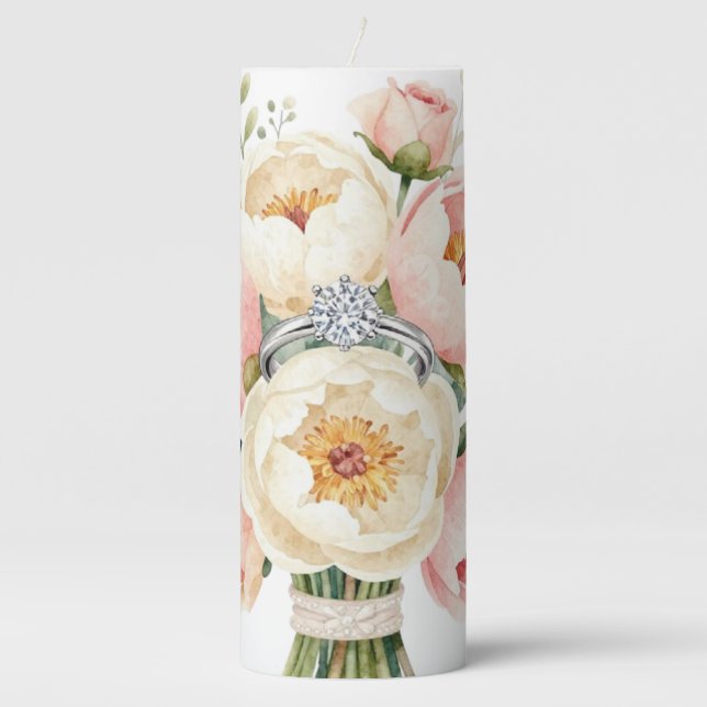 Romantic Peony Bouquet with Diamond Ring Pillar Candle (Front)