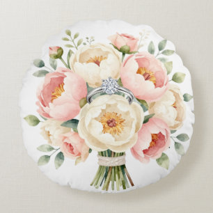 Romantic Peony Bouquet with Diamond Ring Round Pillow