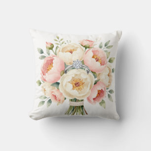 Romantic Peony Bouquet with Diamond Ring Throw Pillow