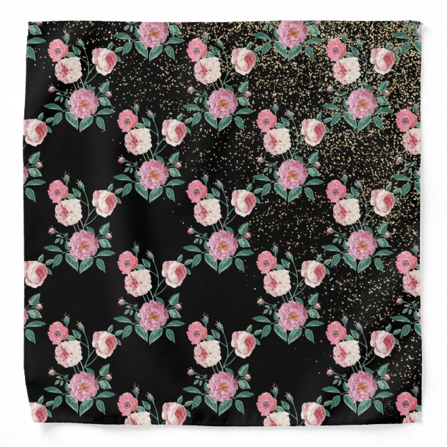 Romantic peony floral and golden confetti design bandana (Front)
