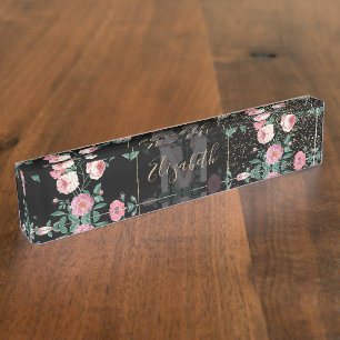 Romantic peony floral and golden confetti design desk name plate