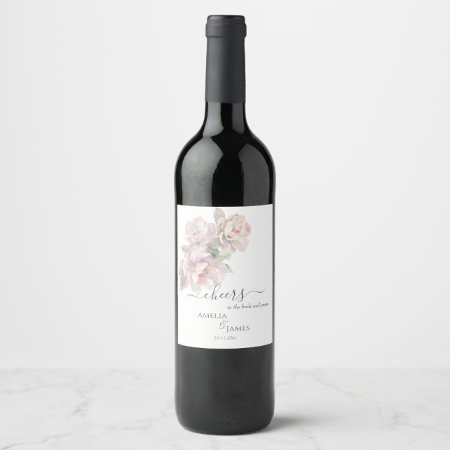 Romantic Peony Floral Wedding  Wine Label (Front)