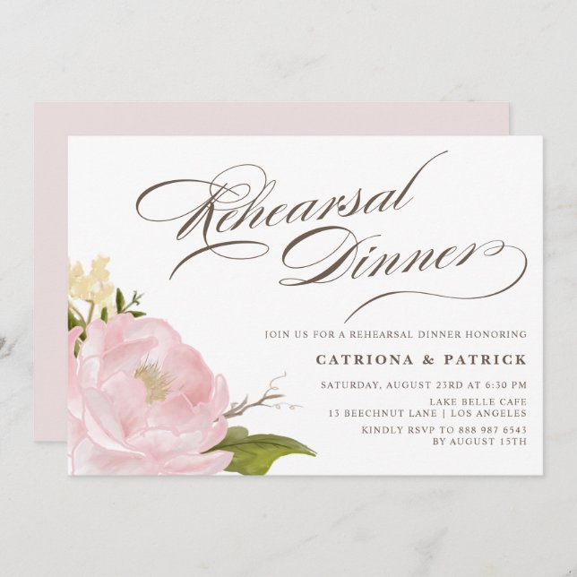Romantic Peony Flower Rehearsal Dinner Invitation (Front/Back)