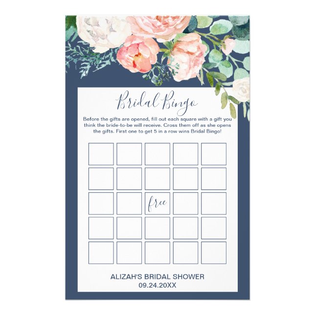 Romantic Peony Flowers | Blue Bridal Bingo Game Flyer (Front)