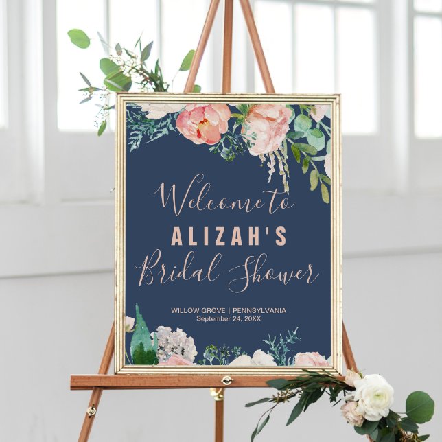 Romantic Peony Flowers Blue Bridal Shower Welcome Poster (Creator Uploaded)