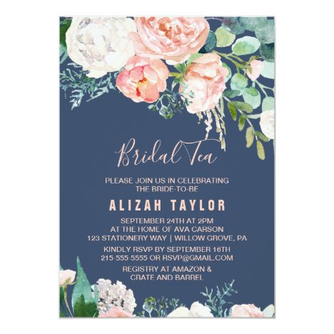 Romantic Peony Flowers | Blue Bridal Tea Card