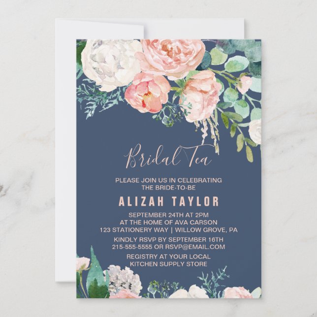 Romantic Peony Flowers | Blue Bridal Tea Invitation (Front)