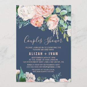 Romantic Peony Flowers Blue Couples Shower Invitation