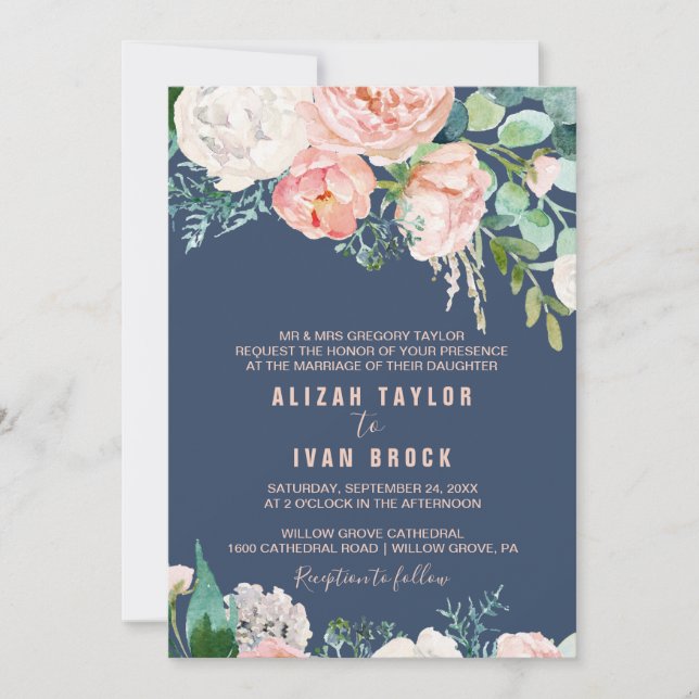 Romantic Peony Flowers | Blue Formal Wedding Invitation (Front)