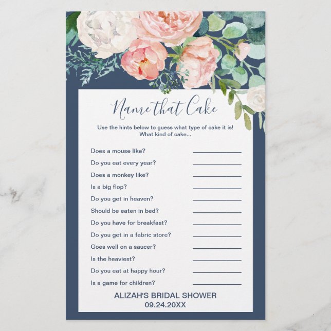 Romantic Peony Flowers | Blue Name That Cake Game Flyer (Front)