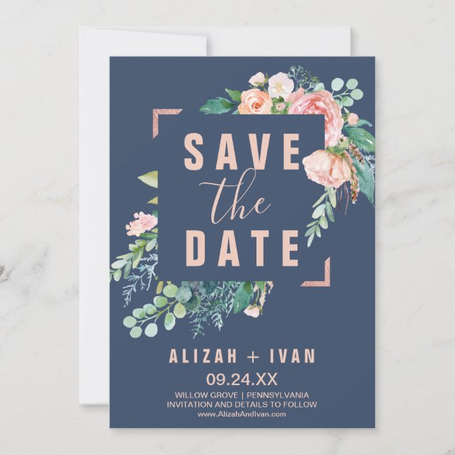 Romantic Peony Flowers | Blue Save the Date Card (Front)