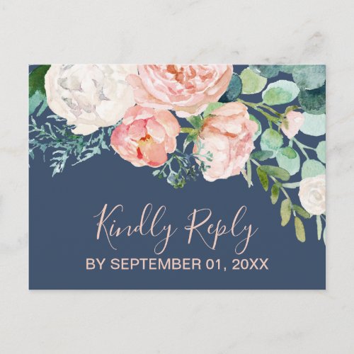 Romantic Peony Flowers | Blue Song Request RSVP Invitation Postcard