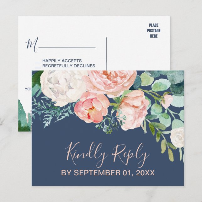 Romantic Peony Flowers | Blue Song Request RSVP Invitation Postcard (Front/Back)