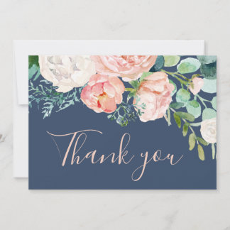 Romantic Peony Flowers | Blue Thank You Card