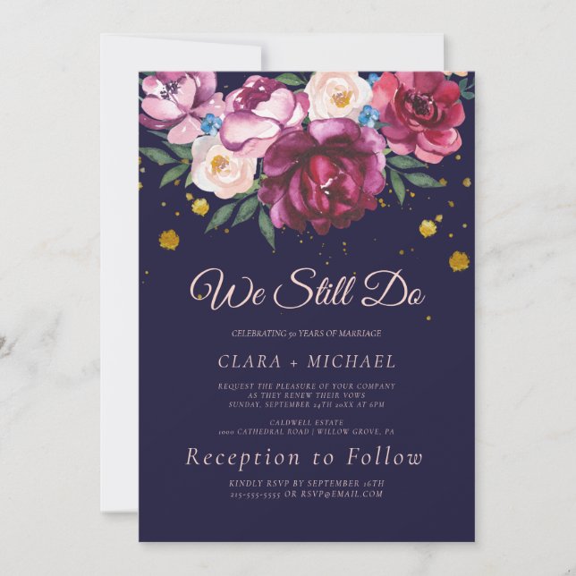 Romantic Peony Flowers | Blue Vow Renewal  Invitation (Front)