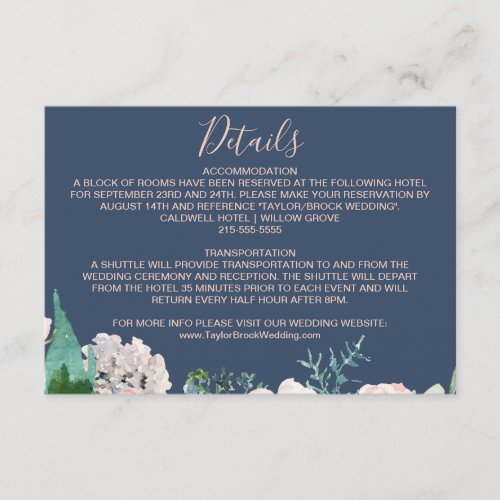 Romantic Peony Flowers  Blue Wedding Details Card