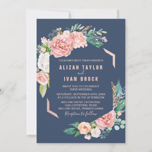 Romantic Peony Flowers  Blue Wedding Invitation