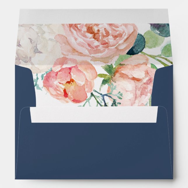 Romantic Peony Flowers | Blue Wedding Invitation Envelope (Back (Bottom))
