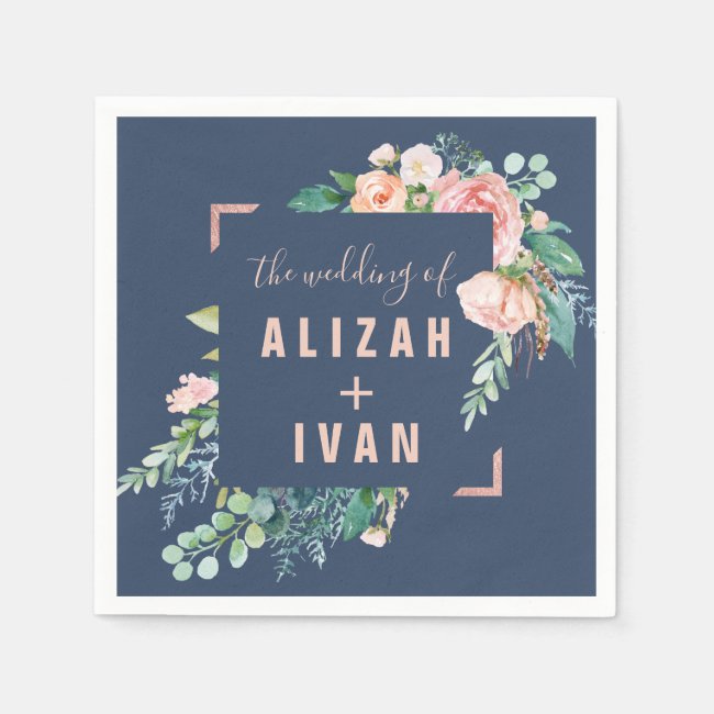 Romantic Peony Flowers | Blue Wedding Napkin