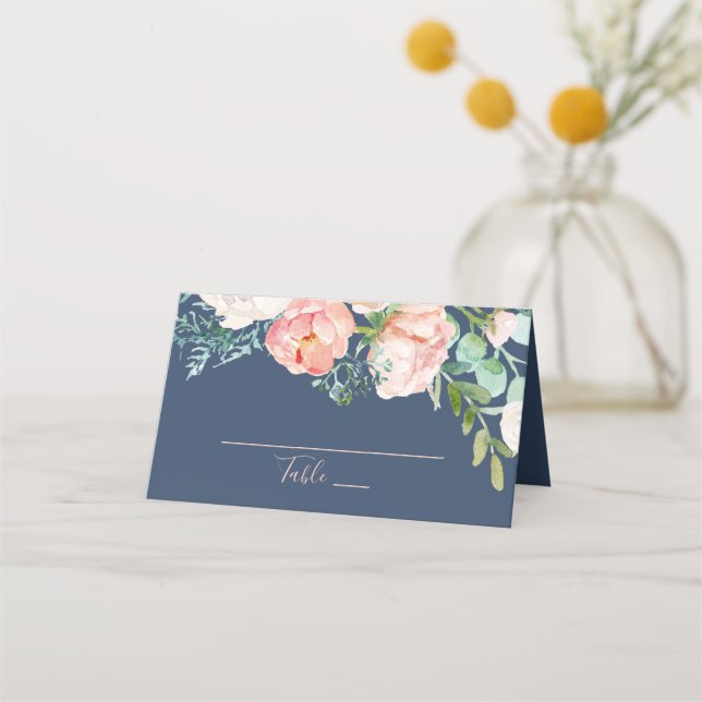 Romantic Peony Flowers | Blue Wedding Place Card (Front)