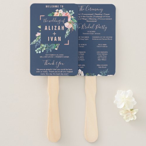 Romantic Peony Flowers  Blue Wedding Program Hand Fan