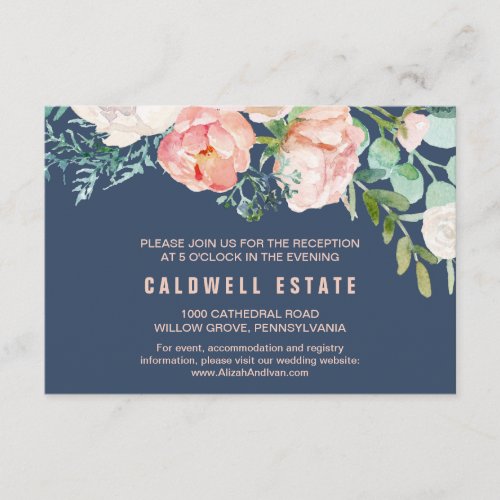 Romantic Peony Flowers Blue Wedding Reception Card