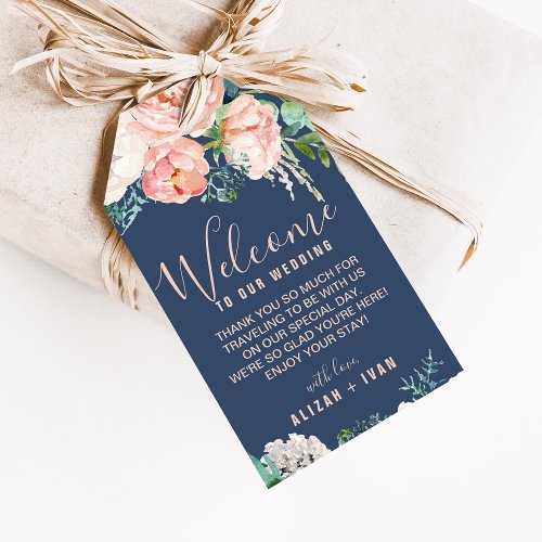 Romantic Peony Flowers  Blue Wedding Welcome Gift Tags