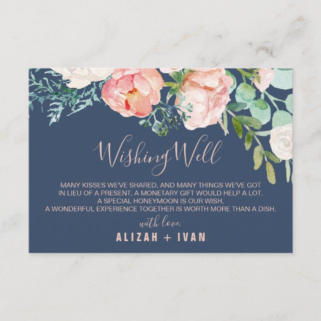 Romantic Peony Flowers | Blue Wedding Wishing Well Enclosure Card (Front)